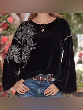 Sundance Dreams in Harvest Tunic Top Women's Sz S Embroidered Rayon Silk Velvet